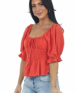 Ces Femme Scarlet Red Half Sleeve Elastic Peasant Blouse Tops