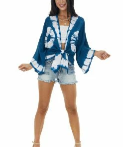 Kori America Sea Blue And Ivory Circle Tie Dye Woven Kimono