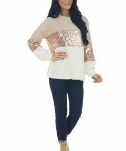 She + Sky Apricot And Ivory Colorblock Sequined Top