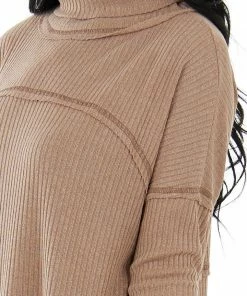 143 Story Tops Dusty Apricot Turtleneck Ribbed Knit Top