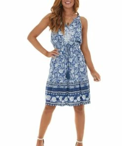 Davi & Dani Dusty Blue Floral Print Notch Neck Short Dress