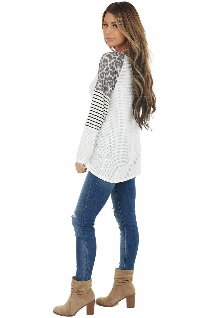 BiBi White Waffle Knit Top With Striped And Leopard Print Contrast 17 BiBi White Waffle Knit Top With Striped And Leopard Print Contrast