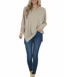Fantastic Fawn Latte Banded Hemline French Terry Knit Top Tops
