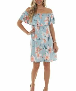 Sweet Lovely Sky Floral Off Shoulder Overlay Mini Dress Dresses