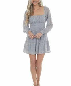 LE LIS Dresses Slate Blue Floral Paisley Long Sleeve Dress 26 LE LIS Dresses Slate Blue Floral Paisley Long Sleeve Dress