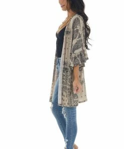 Lovely Melody Latte Abstract Print Open Front Knit Cardigan