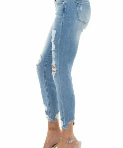 American Fit Bottoms Light Wash Mid Rise Distressed Skinny Jeans With Buttons