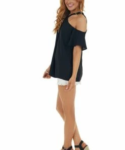 143 Story Black Cold Shoulder Blouse With Criss Cross Halter Neck 15 143 Story Black Cold Shoulder Blouse With Criss Cross Halter Neck