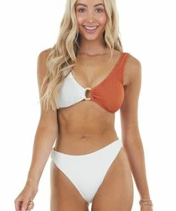 Nic + Jo Marmalade And White Textured Bikini Set With Ring Details