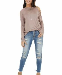 BiBi Tops Taupe Long Sleeve Knit Top With Ladder Detail