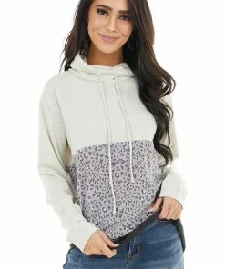 12PM Oatmeal Knit Cowl Neck Sweatshirt With Slate Leopard Print Tops 26 12PM Oatmeal Knit Cowl Neck Sweatshirt With Slate Leopard Print Tops