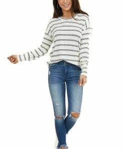 Staccato Ivory And Black Striped Knit Top With Long Sleeves Tops