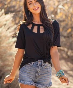 BiBi Tops Black Short Sleeve Knit Top With Caged Neckline 37 BiBi Tops Black Short Sleeve Knit Top With Caged Neckline