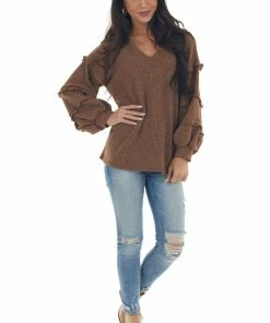 143 Story Tops Sepia Ribbed Knit Top With Ruffle Puff Sleeves