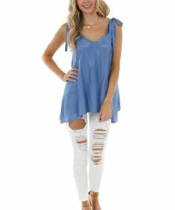 L Love Dusty Blue Sleeveless Woven Satin Blouse With Tie Straps Tops 23 L Love Dusty Blue Sleeveless Woven Satin Blouse With Tie Straps Tops