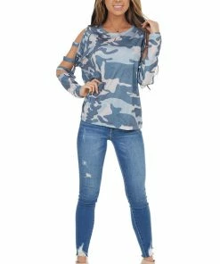 Shiying Fashion Tops Navy Camo Long Ladder Sleeve Stretchy Knit Top
