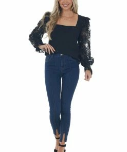 Vine & Love Black Square Neck Long Sequin Mesh Sleeve Top Tops 28 Vine & Love Black Square Neck Long Sequin Mesh Sleeve Top Tops