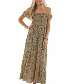 Vine & Love Latte Cheetah Print Off Shoulder Maxi Dress