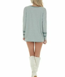Vanilla Bay Sage Green Striped Print Long Sleeve Knit Top