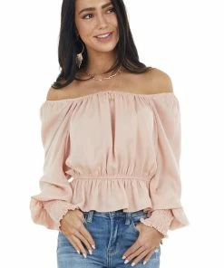She + Sky Tops Peach Peplum Crop Top With Bubble Sleeves And Smocked Cuffs