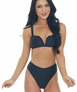 Stylish Swimwear Black High Waisted Bikini With Notched V Neck Accessories