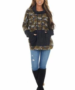 BucketList Olive Camo Print Pullover With Cowl Neck And Kangaroo Pouch