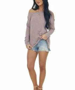 Fantastic Fawn Faded Mauve Melange Off The Shoulder Knit Top Tops