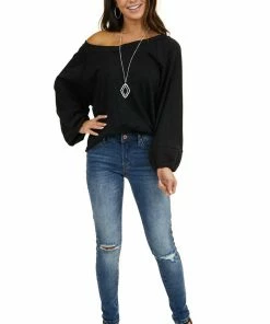 Umgee Tops Heathered Black Knit Top With Contrast Knit Bubble Sleeves