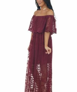Wishlist Dresses Wine Lace Ruffle Off The Shoulder Maxi Dress