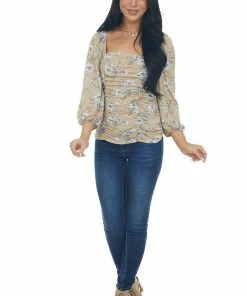 Ces Femme Tops Oatmeal And Ivory Floral Peasant Sleeve Top 12 Ces Femme Tops Oatmeal And Ivory Floral Peasant Sleeve Top