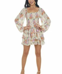 Entro Desert Sand Floral Print Long Sleeve Romper Dresses