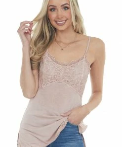 POL Clothing Crepe Pink Sleeveless Cami Top With Floral Lace Bust And Hem Tops 23 POL Clothing Crepe Pink Sleeveless Cami Top With Floral Lace Bust And Hem Tops