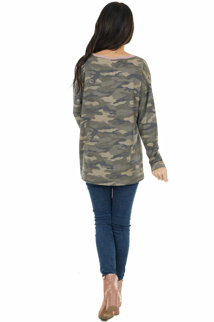 HOPELY Camo Colorblock Long Sleeve Knit Top With Raw Edge Detail Tops 15 HOPELY Camo Colorblock Long Sleeve Knit Top With Raw Edge Detail Tops
