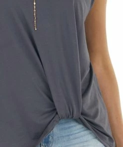 Haptics Graphite Sleeveless Knit Muscle Tank Top With Front Knot Tops