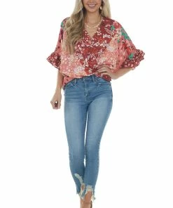 Umgee Dark Rust Multiprint Short Sleeve Surplice Top Tops