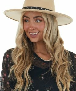 Fame Accessories Sand Felt Wide Brim Hat With Studded Band