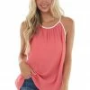 Haptics Coral Pleated Halter Neck Tank Top