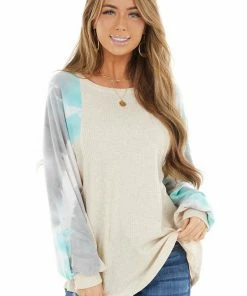 American Chic Tops Cream Waffle Knit Long Sleeve Top With Tie Dye Detail 26 American Chic Tops Cream Waffle Knit Long Sleeve Top With Tie Dye Detail
