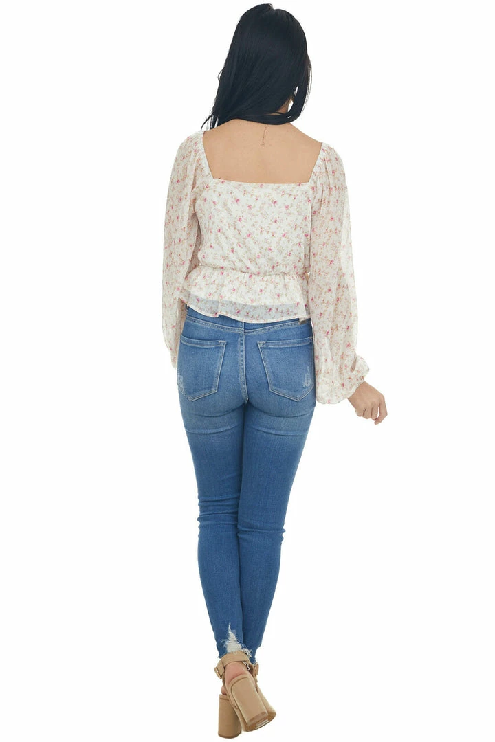 Peach Love Ivory Peplum Top With Baby Pink Floral Detail Tops 5 Peach Love Ivory Peplum Top With Baby Pink Floral Detail Tops