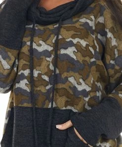 BucketList Olive Camo Print Pullover With Cowl Neck And Kangaroo Pouch