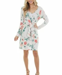 Bluivy Light Blush Floral Long Sleeve Mini Dress With Front Tie Dresses
