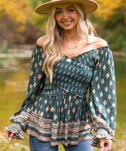 Nostalgia Pine Green Printed Off Shoulder Smocked Blouse