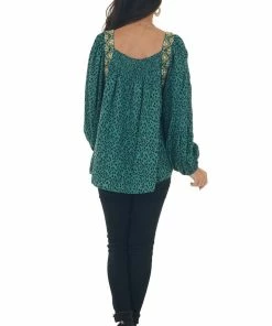 Hailey & Co Juniper Green Animal Print Embroidered Blouse