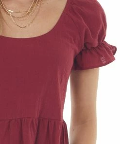 Miss Sparkling Tops Maroon Puff Sleeve Peplum Blouse