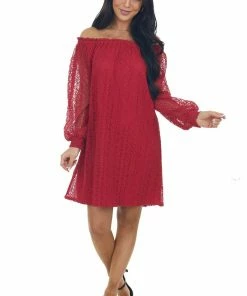 SugarFox Crimson Off The Shoulder Lace Short Dress