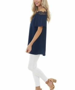 Davi & Dani Navy Blue Cold Shoulder Short Sleeve Blouse With Lace Tops