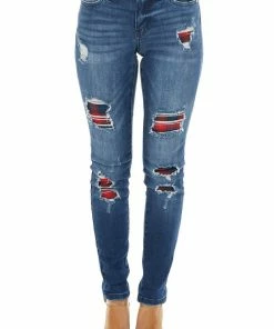 KanCan Dark Wash Mid Rise Distressed Plaid Patch Skinny Jeans Bottoms