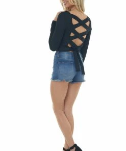 BiBi Tops Black Open Criss Cross Back Ribbed Knit Top