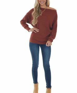 Hayden Tops Rust Off Shoulder Ribbed Knit Top With Zipper Detail