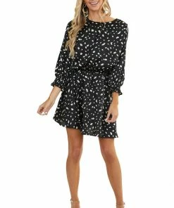 Umgee Black Abstract Print Short Woven Dress With 3/4 Sleeves